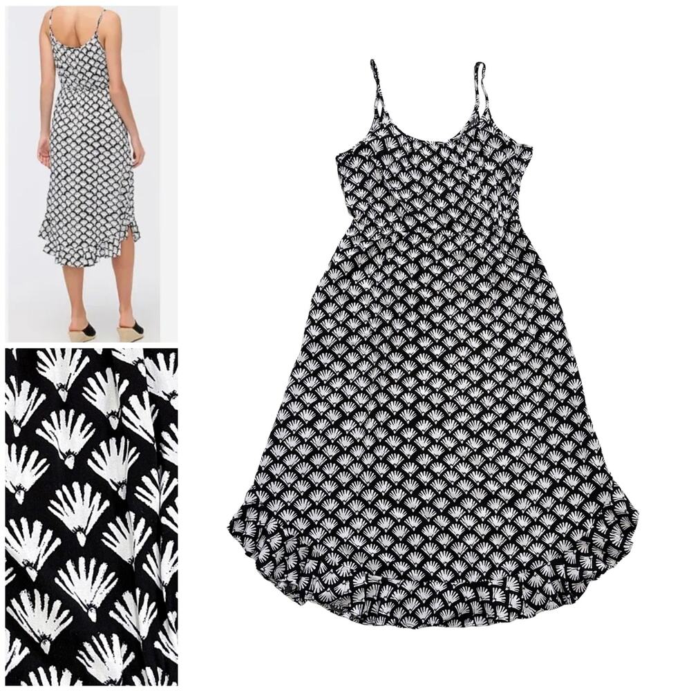 J Crew Midi Floral Summer Dress Sz 0 Black White Ruffle Hem Lightweight Pockets